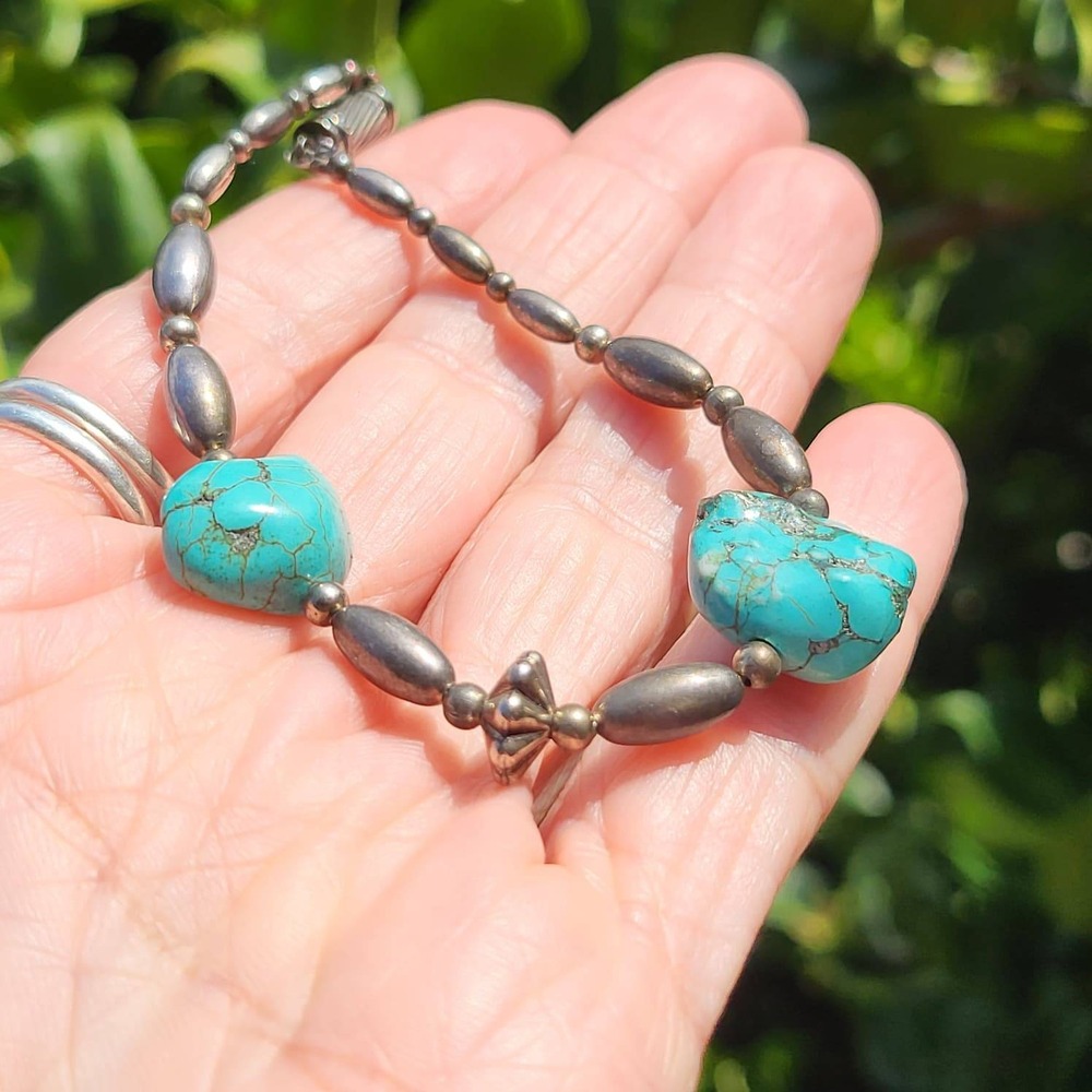 Vintage Turquoise Sterling Silver Melon Bead Bracelet Blue Southwestern - Picture 2 of 10